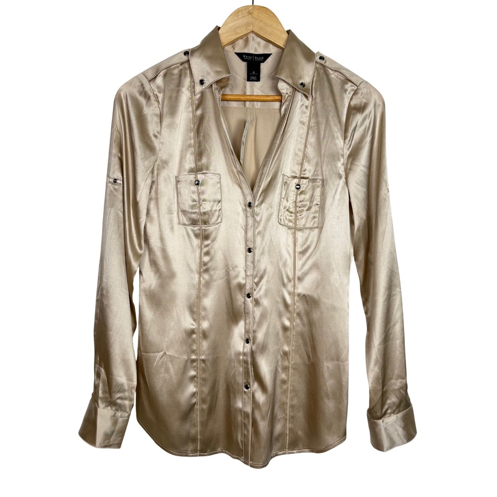 White House Black Market Silk Button Down Shirt 4 Champagne Old Money Minimal